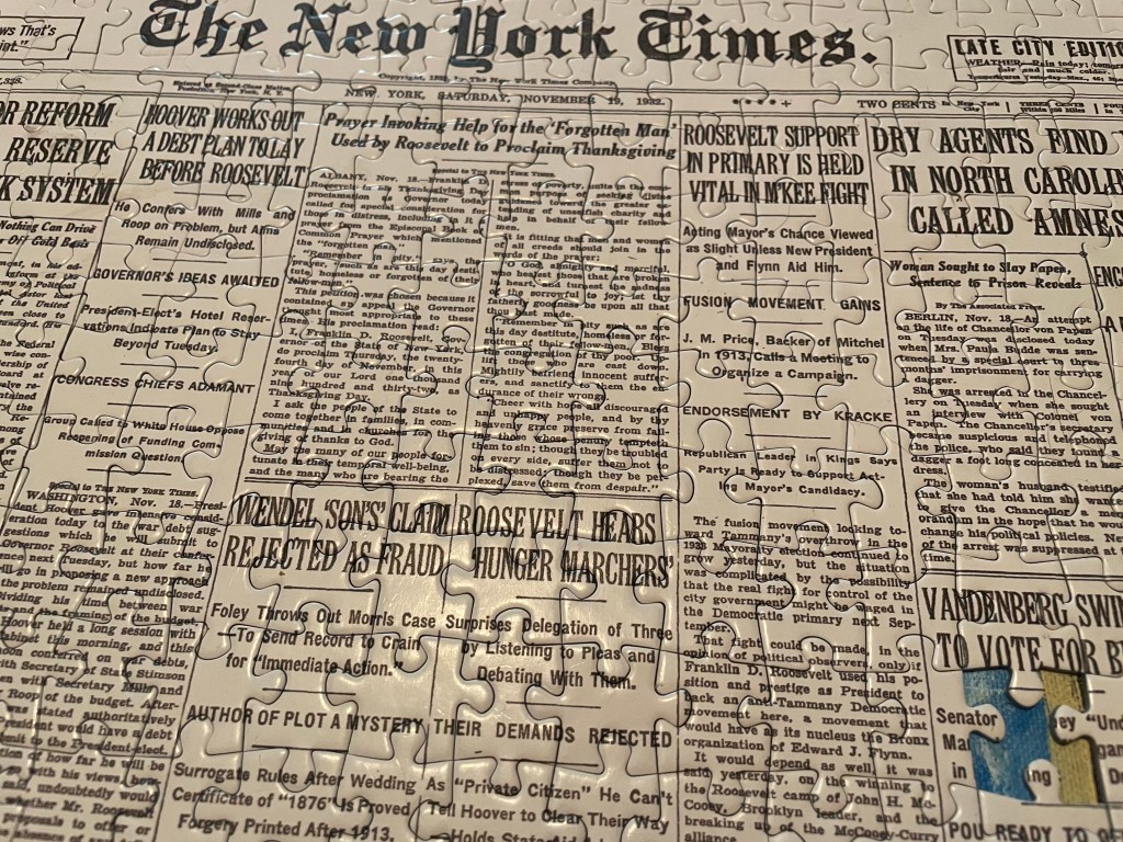 puzzle is reproduction of front page of New York Times in 1932